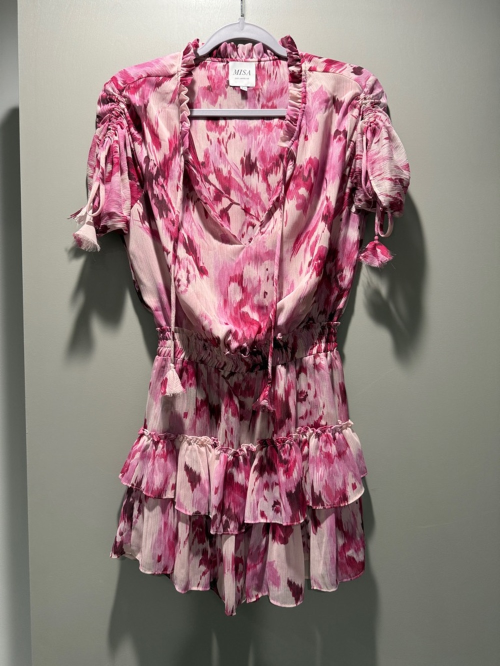 Misa Los Angeles Pink Floral Ruffle Tiered Mini Dress